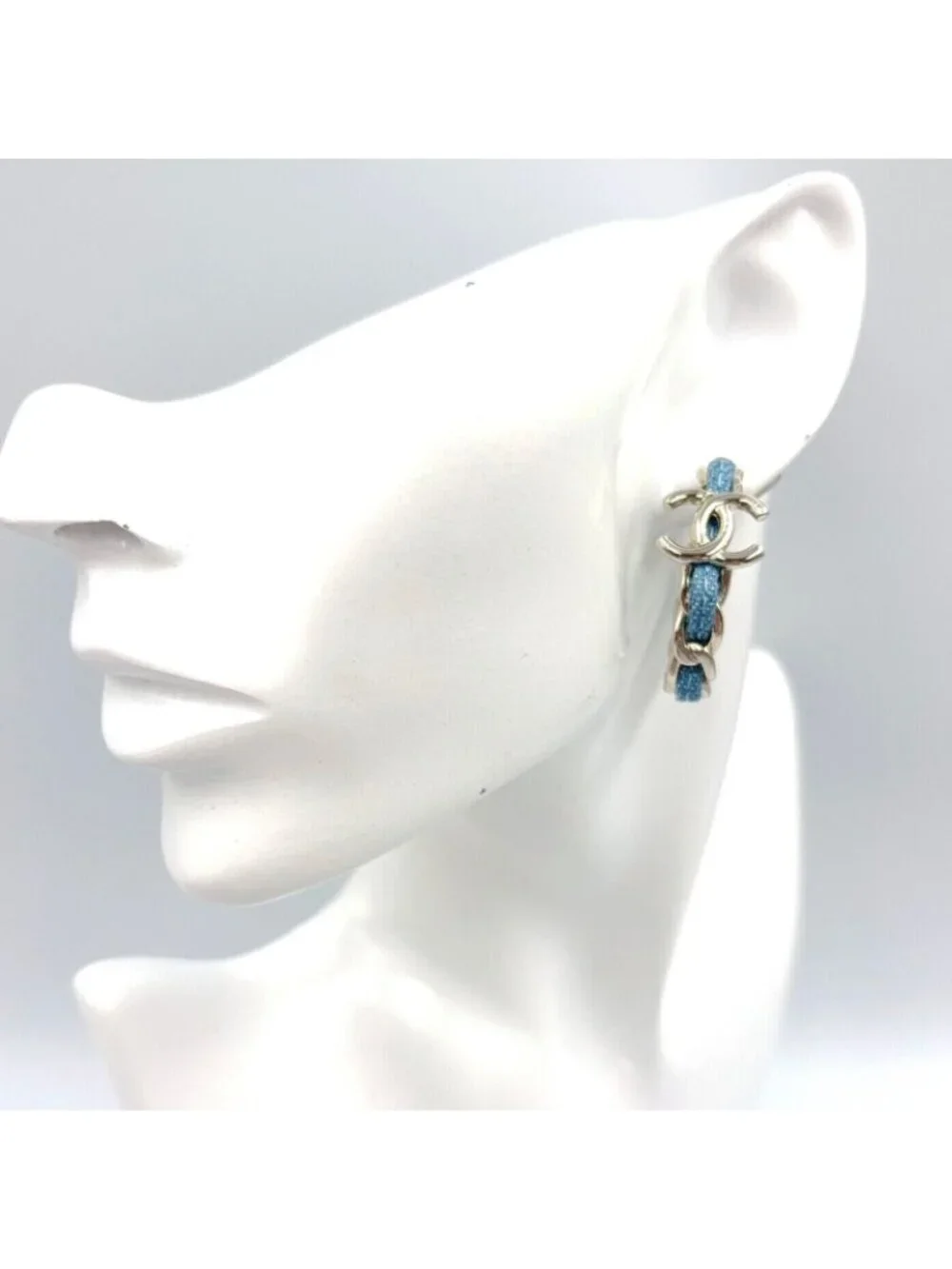 Chanel CC Logo Hoop Metal Denim Silver Blue Earrings
